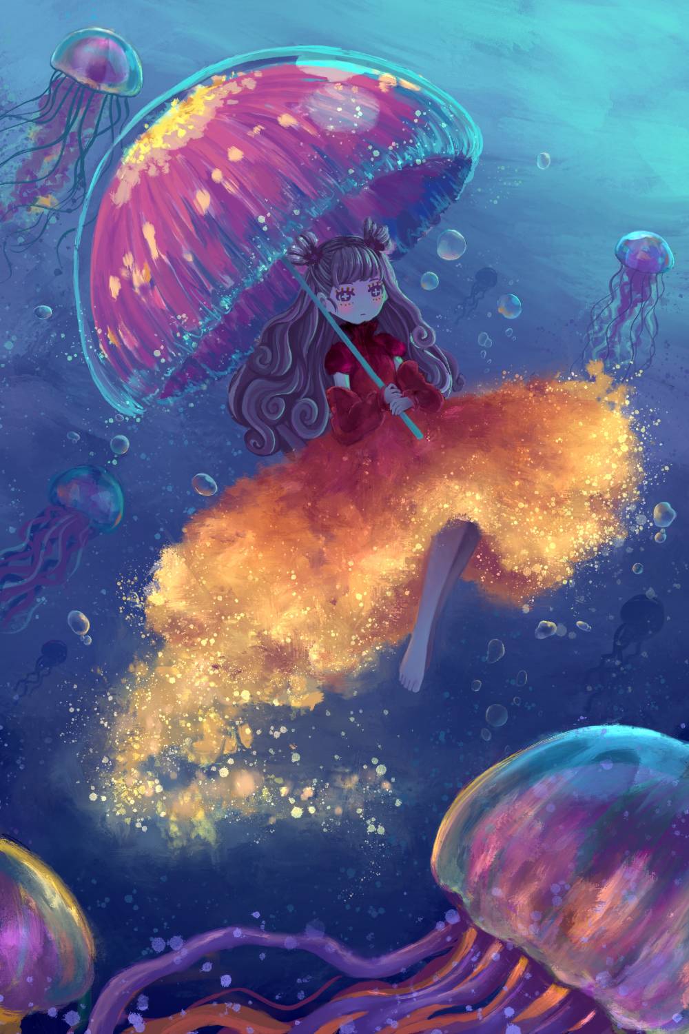 Character illustration in a underwater setting surrounded by purple jellyfish